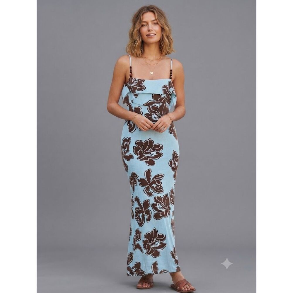 NWT Paper Heart Blue Brown Floral Maxi Dress Spaghetti Strap Beaded Accents Sz L